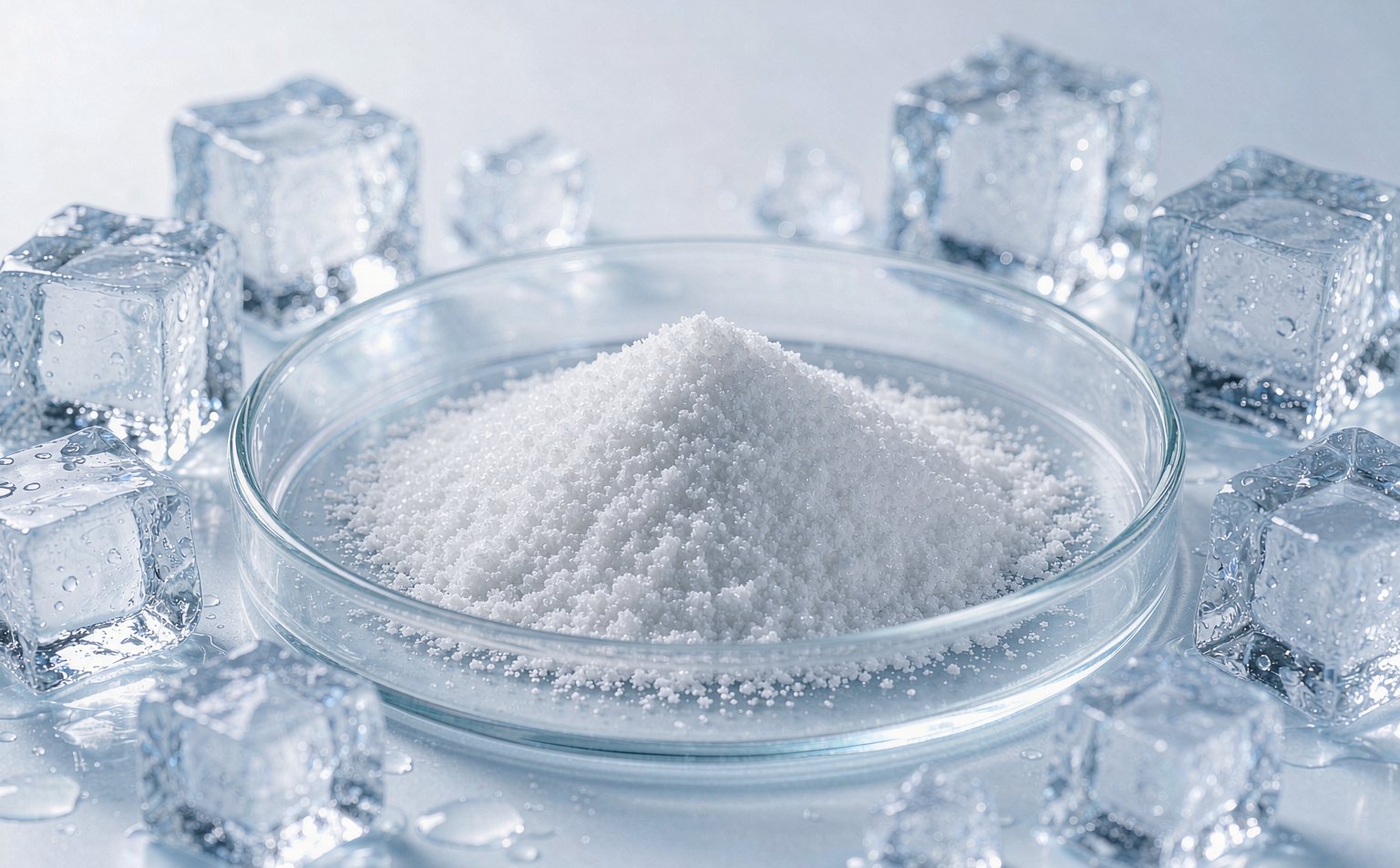 WS-23 cooling agent white crystalline powder in glass jar surrounded by ice cubes - ZHII manufacturer
