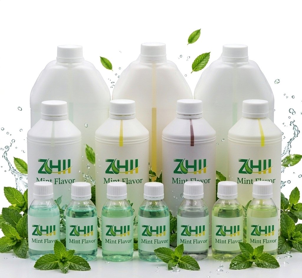 ZHII Mint Flavor M1 food grade concentrate in HDPE drums and bottles with fresh mint leaves