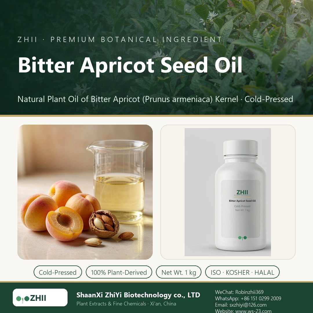 Bitter Apricot Seed Oil liquid extract in laboratory beaker - ZHII Plant Extracts by ShaanXi ZhiYi Biotechnology