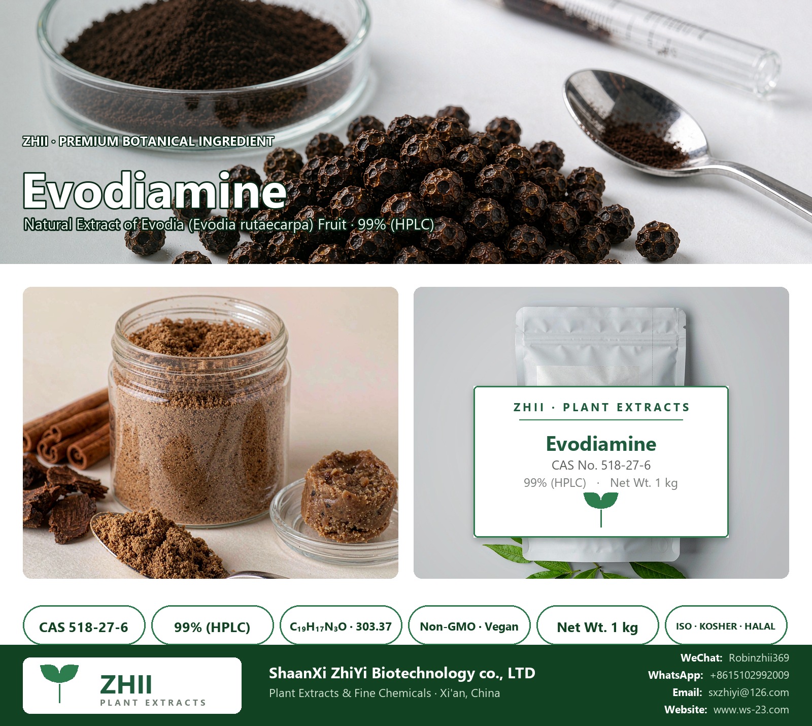 Evodiamine CAS 518-27-6 natural plant extract from Evodia - ZHII ShaanXi ZhiYi Biotechnology supplier