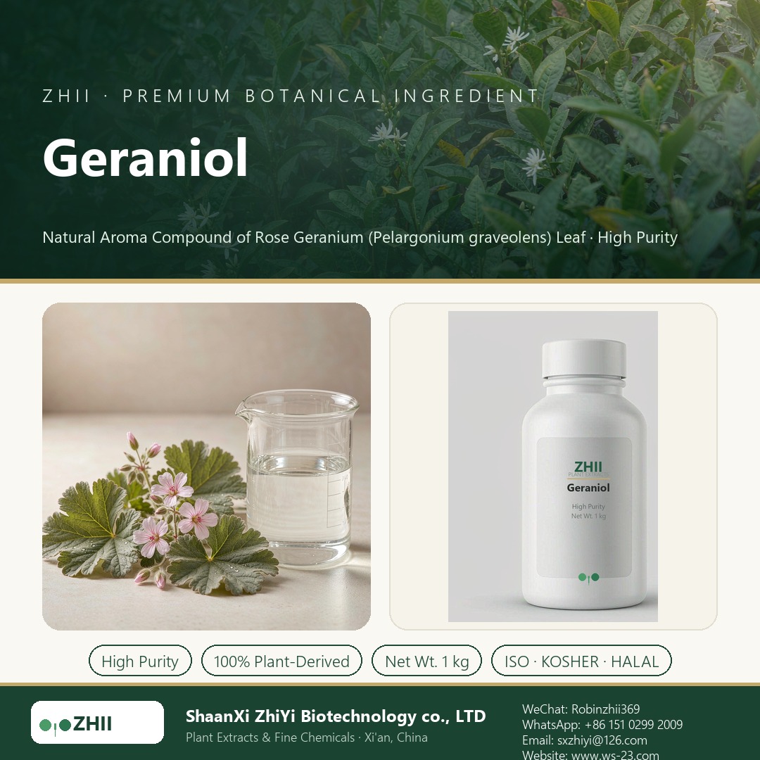 Geraniol liquid extract in laboratory beaker - ZHII Plant Extracts by ShaanXi ZhiYi Biotechnology