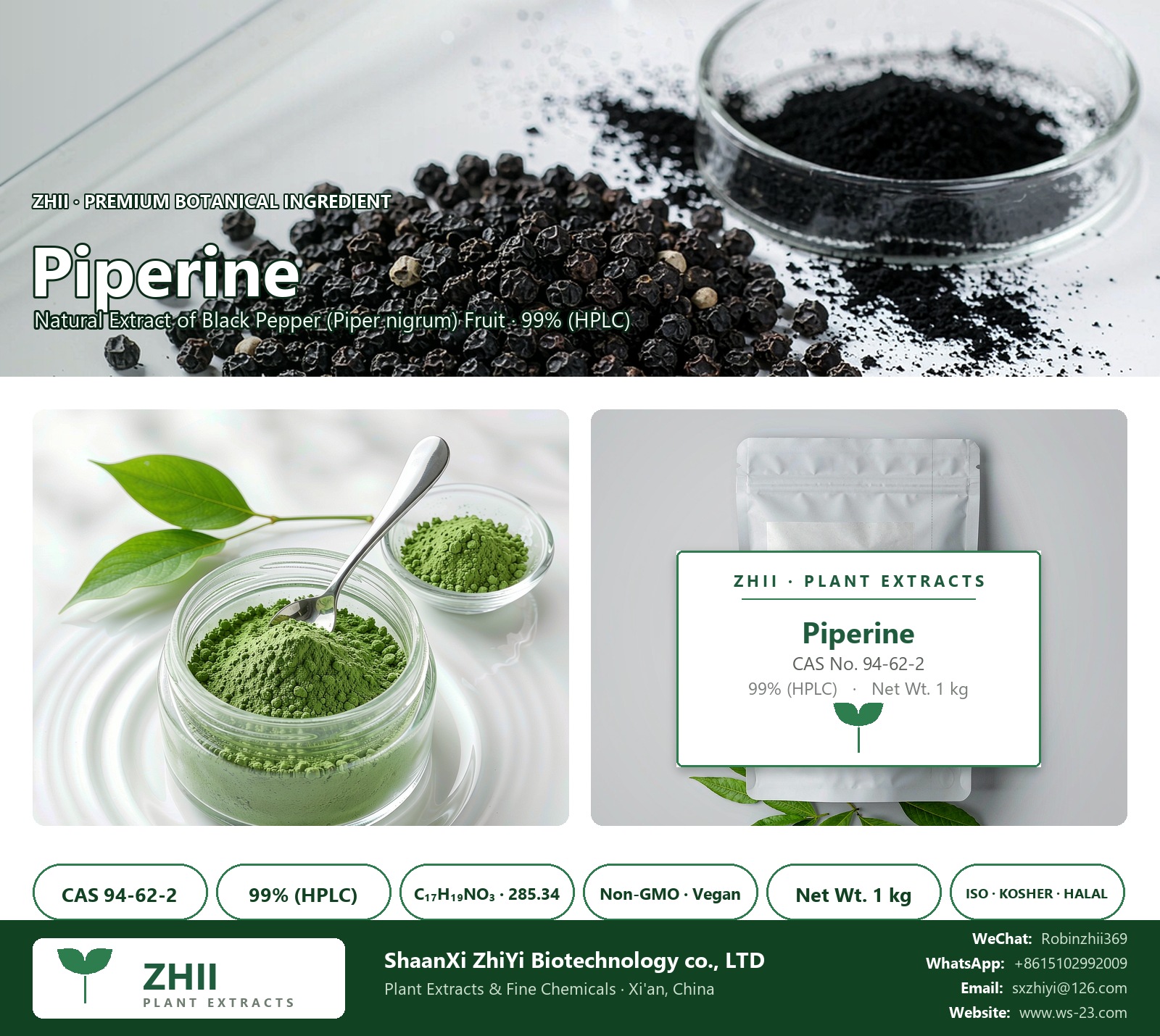 Piperine CAS 94-62-2 natural plant extract from Black Pepper - ZHII ShaanXi ZhiYi Biotechnology supplier