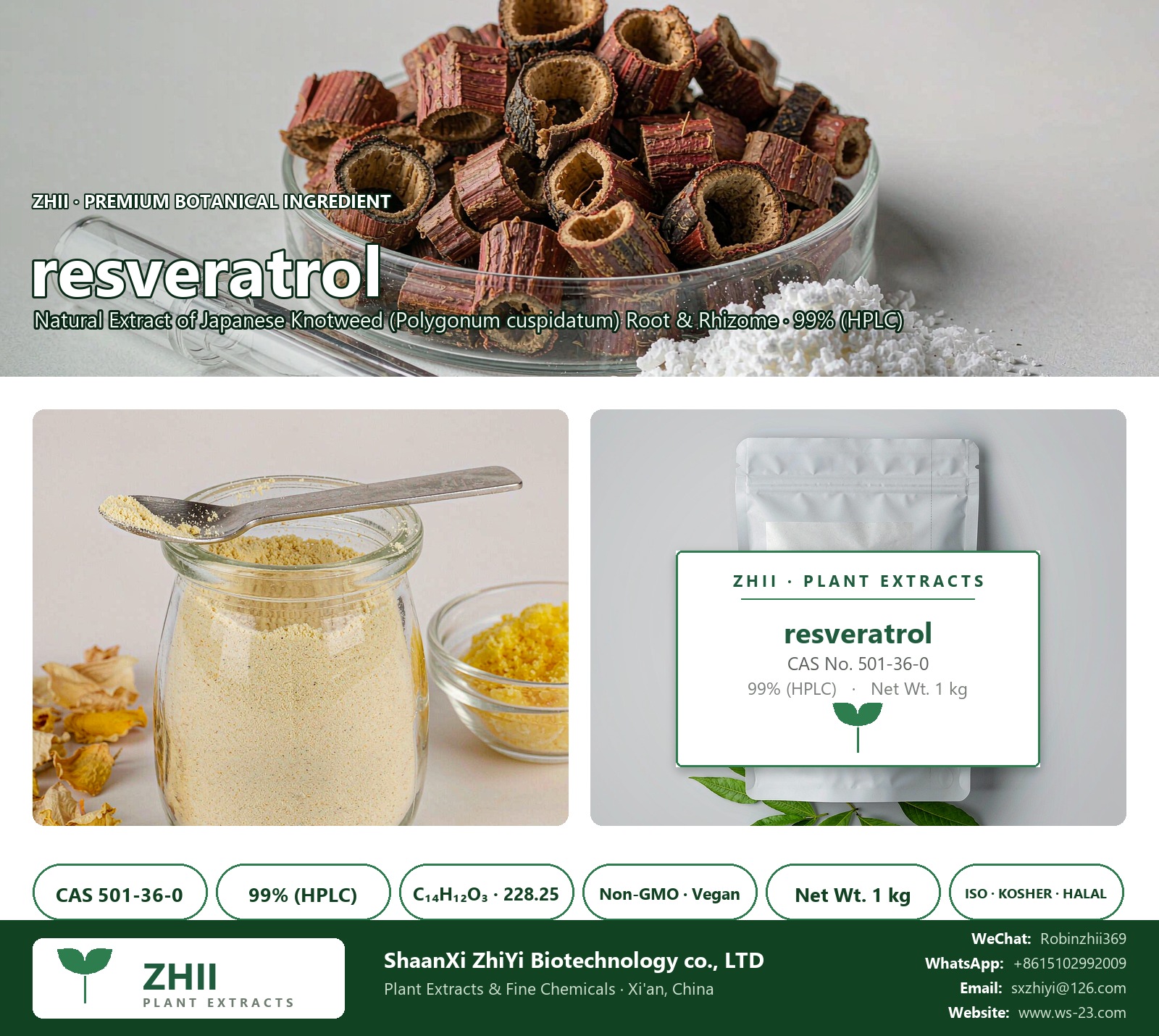 resveratrol CAS 501-36-0 natural plant extract from Japanese Knotweed - ZHII ShaanXi ZhiYi Biotechnology supplier