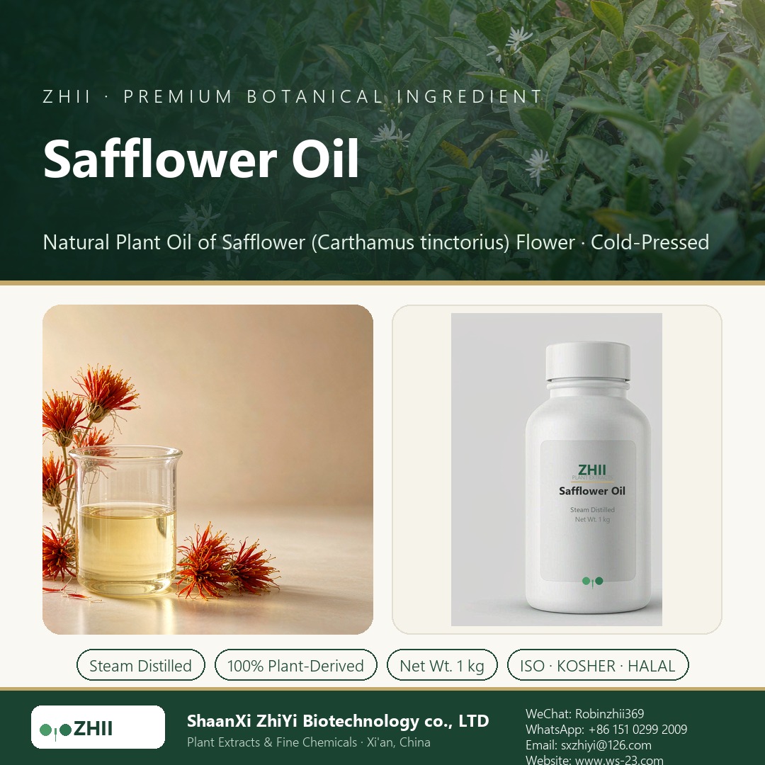 Safflower Oil liquid extract in laboratory beaker - ZHII Plant Extracts by ShaanXi ZhiYi Biotechnology